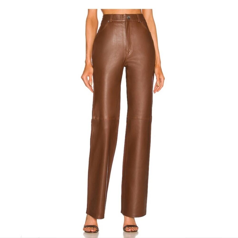 L'Academie Mila Leather Boot Cut Pant in Brown Small